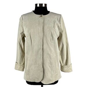 DENNIS BY DENNIS BASSO SUEDE LEATHER CREAM SUEDE COLLARLESS BUTTON DOWN JACKET